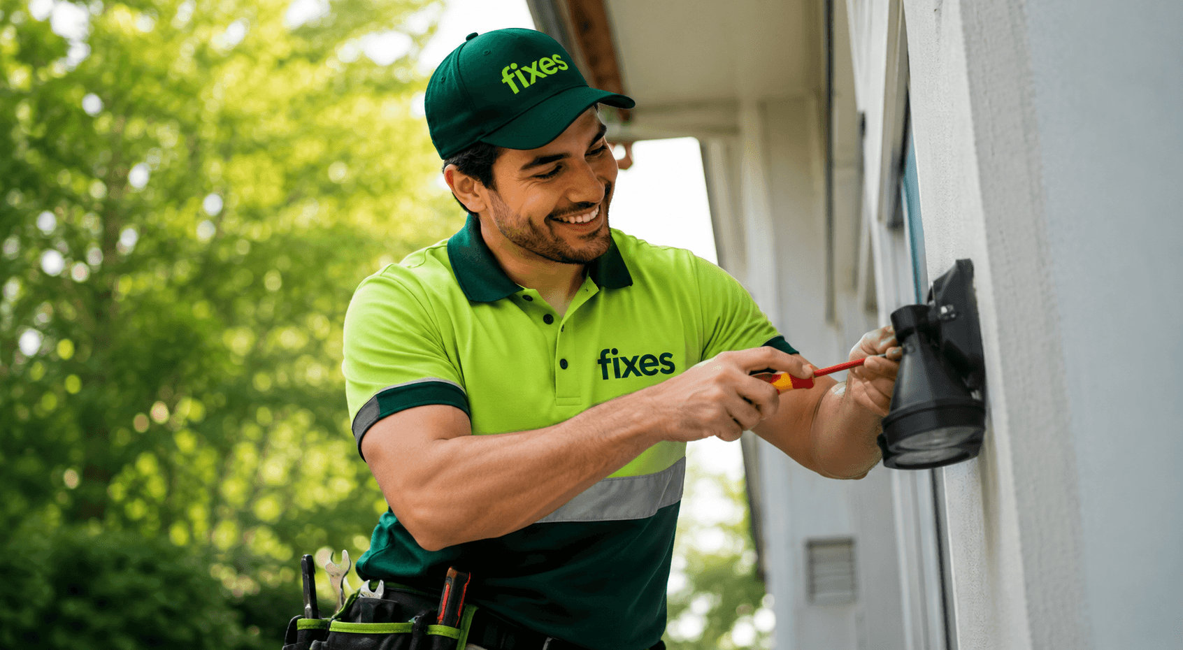 A Fixes electrician repairing an outdoor wall light