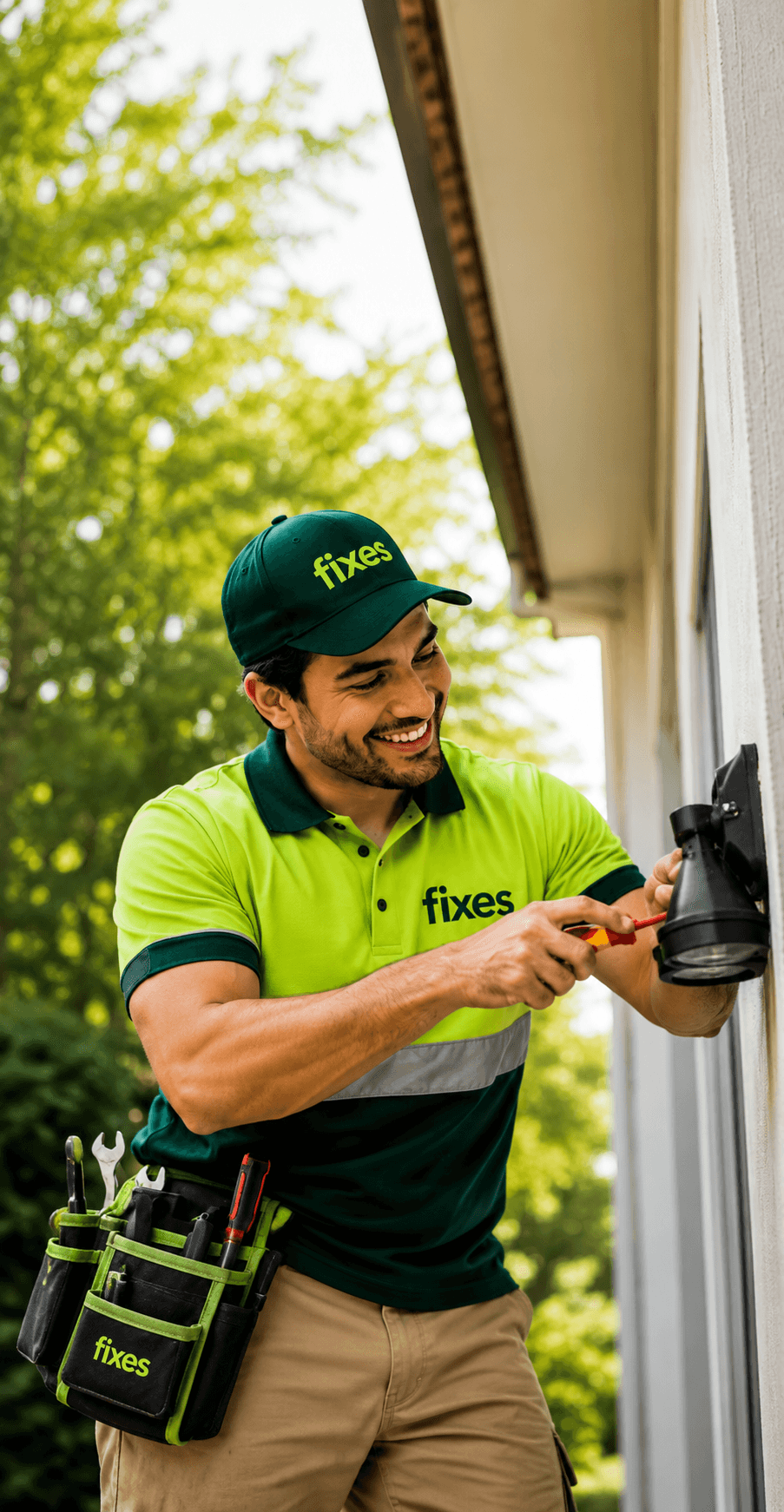 A Fixes electrician repairing an outdoor wall light
