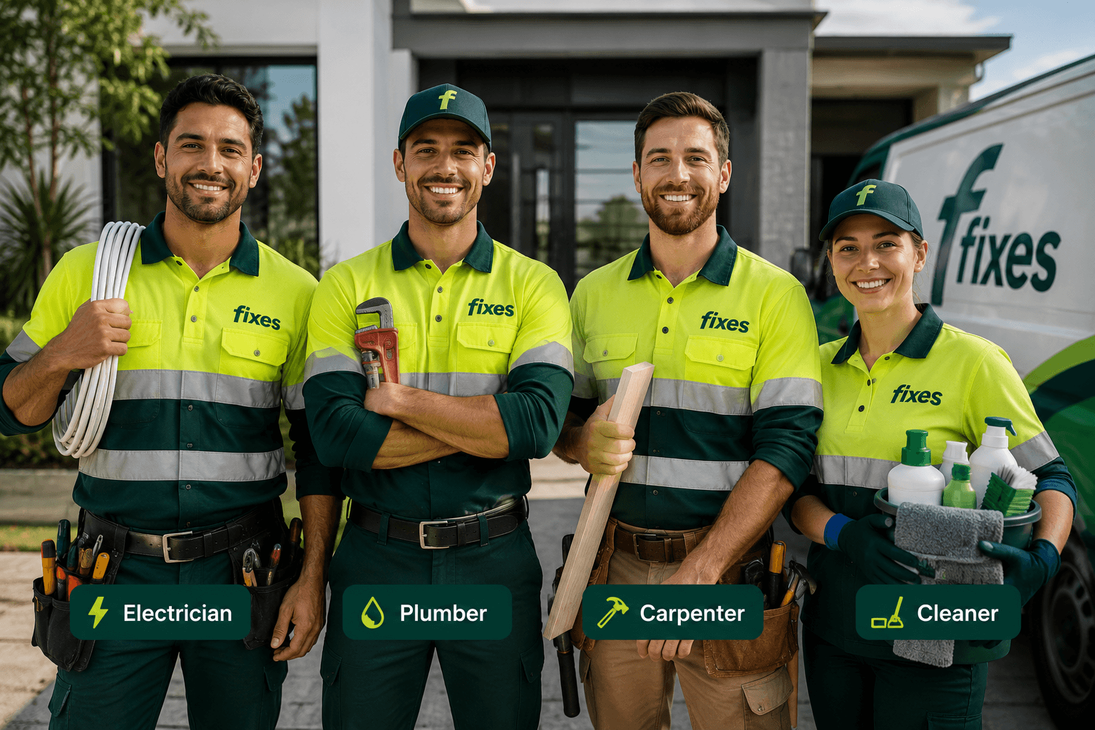 Four Fixes professionals representing electrical, plumbing, carpentry and cleaning services